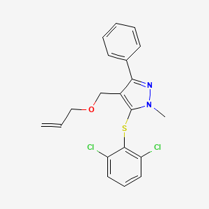 molecular formula C20H18Cl2N2OS B2781578 5-(2,6-Dichlorophenyl)sulfanyl-1-methyl-3-phenyl-4-(prop-2-enoxymethyl)pyrazole CAS No. 318248-43-0