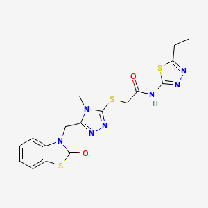 molecular formula C17H17N7O2S3 B2781634 N-(5-ethyl-1,3,4-thiadiazol-2-yl)-2-((4-methyl-5-((2-oxobenzo[d]thiazol-3(2H)-yl)methyl)-4H-1,2,4-triazol-3-yl)thio)acetamide CAS No. 847400-73-1