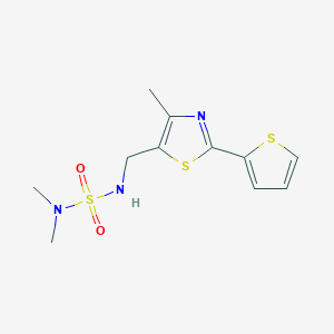 molecular formula C11H15N3O2S3 B2781775 5-[(二甲基磺酰氨基)甲基]-4-甲基-2-噻吩-2-基-1,3-噻唑 CAS No. 1396861-99-6