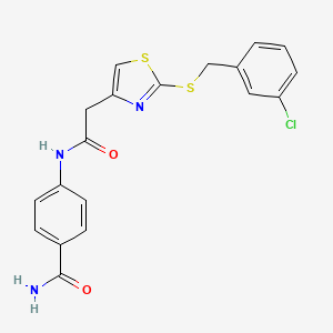 molecular formula C19H16ClN3O2S2 B2781786 4-(2-(2-((3-Chlorobenzyl)thio)thiazol-4-yl)acetamido)benzamide CAS No. 954243-60-8