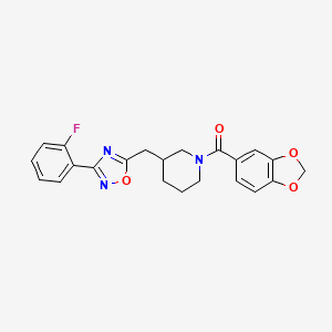 molecular formula C22H20FN3O4 B2781809 Benzo[d][1,3]dioxol-5-yl(3-((3-(2-fluorophenyl)-1,2,4-oxadiazol-5-yl)methyl)piperidin-1-yl)methanone CAS No. 1706099-83-3
