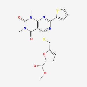 molecular formula C19H16N4O5S2 B2782095 methyl 5-({[6,8-dimethyl-5,7-dioxo-2-(thiophen-2-yl)-5H,6H,7H,8H-[1,3]diazino[4,5-d]pyrimidin-4-yl]sulfanyl}methyl)furan-2-carboxylate CAS No. 847192-21-6