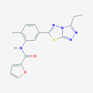 molecular formula C17H15N5O2S B278227 N-(5-{3-ETHYL-[1,2,4]TRIAZOLO[3,4-B][1,3,4]THIADIAZOL-6-YL}-2-METHYLPHENYL)FURAN-2-CARBOXAMIDE 