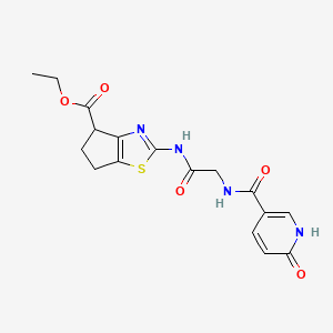 molecular formula C17H18N4O5S B2782535 ethyl 2-(2-(6-oxo-1,6-dihydropyridine-3-carboxamido)acetamido)-5,6-dihydro-4H-cyclopenta[d]thiazole-4-carboxylate CAS No. 1219841-75-4