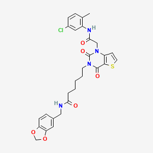 molecular formula C29H29ClN4O6S B2783491 N-[(2H-1,3-benzodioxol-5-yl)methyl]-6-(1-{[(5-chloro-2-methylphenyl)carbamoyl]methyl}-2,4-dioxo-1H,2H,3H,4H-thieno[3,2-d]pyrimidin-3-yl)hexanamide CAS No. 865655-07-8