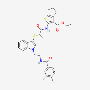 molecular formula C32H35N3O4S2 B2783501 ethyl 2-{2-[(1-{2-[(3,4-dimethylphenyl)formamido]ethyl}-1H-indol-3-yl)sulfanyl]propanamido}-4H,5H,6H-cyclopenta[b]thiophene-3-carboxylate CAS No. 532975-11-4
