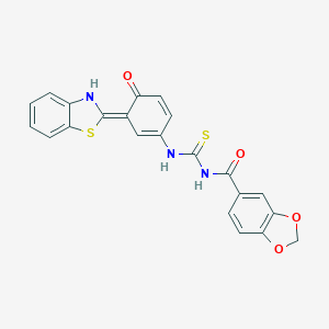 molecular formula C22H15N3O4S2 B278357 N-[[(3E)-3-(3H-1,3-benzothiazol-2-ylidene)-4-oxocyclohexa-1,5-dien-1-yl]carbamothioyl]-1,3-benzodioxole-5-carboxamide 