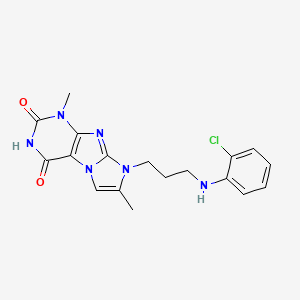 molecular formula C18H19ClN6O2 B2783801 8-(3-((2-chlorophenyl)amino)propyl)-1,7-dimethyl-1H-imidazo[2,1-f]purine-2,4(3H,8H)-dione CAS No. 923129-58-2