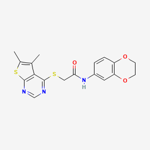 molecular formula C18H17N3O3S2 B2783821 N-(2,3-DIHYDRO-1,4-BENZODIOXIN-6-YL)-2-({5,6-DIMETHYLTHIENO[2,3-D]PYRIMIDIN-4-YL}SULFANYL)ACETAMIDE CAS No. 483984-18-5