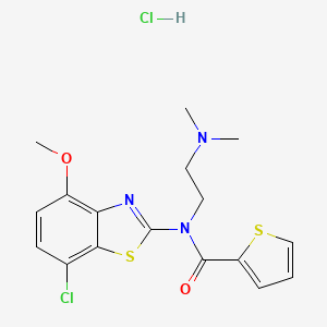 molecular formula C17H19Cl2N3O2S2 B2784235 N-(7-CHLORO-4-METHOXY-1,3-BENZOTHIAZOL-2-YL)-N-[2-(DIMETHYLAMINO)ETHYL]THIOPHENE-2-CARBOXAMIDE HYDROCHLORIDE CAS No. 1215738-39-8