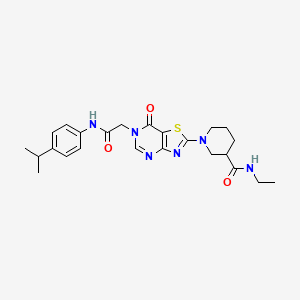 molecular formula C24H30N6O3S B2784317 N-ethyl-1-[7-oxo-6-({[4-(propan-2-yl)phenyl]carbamoyl}methyl)-6H,7H-[1,3]thiazolo[4,5-d]pyrimidin-2-yl]piperidine-3-carboxamide CAS No. 1115899-38-1