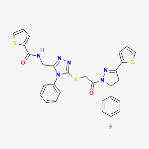 molecular formula C29H23FN6O2S3 B2784345 N-{[5-({2-[5-(4-fluorophenyl)-3-(thiophen-2-yl)-4,5-dihydro-1H-pyrazol-1-yl]-2-oxoethyl}sulfanyl)-4-phenyl-4H-1,2,4-triazol-3-yl]methyl}thiophene-2-carboxamide CAS No. 362507-51-5