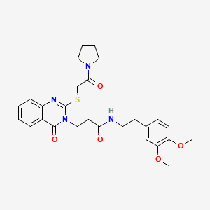 molecular formula C27H32N4O5S B2784918 N-[2-(3,4-dimethoxyphenyl)ethyl]-3-(4-oxo-2-{[2-oxo-2-(pyrrolidin-1-yl)ethyl]sulfanyl}-3,4-dihydroquinazolin-3-yl)propanamide CAS No. 422288-90-2