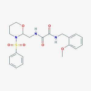 molecular formula C21H25N3O6S B2785010 N-{[3-(benzenesulfonyl)-1,3-oxazinan-2-yl]methyl}-N'-[(2-methoxyphenyl)methyl]ethanediamide CAS No. 872881-30-6