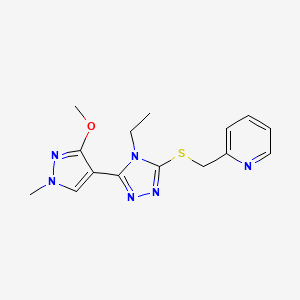 molecular formula C15H18N6OS B2785029 2-(((4-ethyl-5-(3-methoxy-1-methyl-1H-pyrazol-4-yl)-4H-1,2,4-triazol-3-yl)thio)methyl)pyridine CAS No. 1013775-04-6