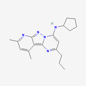 molecular formula C19H25N5 B2785052 N-cyclopentyl-11,13-dimethyl-4-propyl-3,7,8,10-tetrazatricyclo[7.4.0.02,7]trideca-1,3,5,8,10,12-hexaen-6-amine CAS No. 902324-14-5