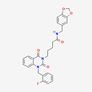 molecular formula C28H26FN3O5 B2785056 N-[(2H-1,3-benzodioxol-5-yl)methyl]-5-{1-[(2-fluorophenyl)methyl]-2,4-dioxo-1,2,3,4-tetrahydroquinazolin-3-yl}pentanamide CAS No. 899787-68-9