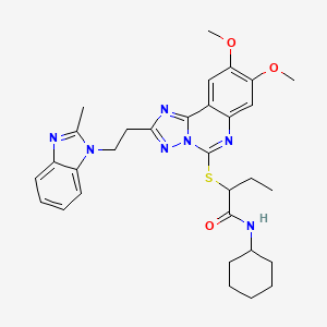 molecular formula C31H37N7O3S B2785061 N-cyclohexyl-2-({8,9-dimethoxy-2-[2-(2-methyl-1H-1,3-benzodiazol-1-yl)ethyl]-[1,2,4]triazolo[1,5-c]quinazolin-5-yl}sulfanyl)butanamide CAS No. 901877-27-8