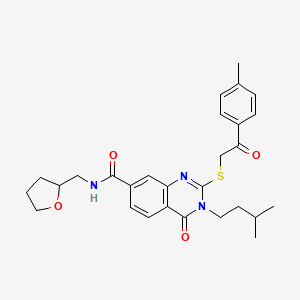molecular formula C28H33N3O4S B2785137 3-isopentyl-4-oxo-2-((2-oxo-2-(p-tolyl)ethyl)thio)-N-((tetrahydrofuran-2-yl)methyl)-3,4-dihydroquinazoline-7-carboxamide CAS No. 1113136-73-4
