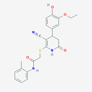 molecular formula C23H23N3O4S B2785182 2-((3-cyano-4-(3-ethoxy-4-hydroxyphenyl)-6-oxo-1,4,5,6-tetrahydropyridin-2-yl)thio)-N-(o-tolyl)acetamide CAS No. 375829-21-3