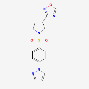 molecular formula C15H15N5O3S B2785183 3-(1-((4-(1H-pyrazol-1-yl)phenyl)sulfonyl)pyrrolidin-3-yl)-1,2,4-oxadiazole CAS No. 2034412-30-9
