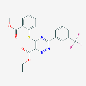molecular formula C21H16F3N3O4S B2785186 Ethyl 5-{[2-(methoxycarbonyl)phenyl]sulfanyl}-3-[3-(trifluoromethyl)phenyl]-1,2,4-triazine-6-carboxylate CAS No. 338957-59-8