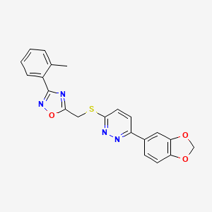 molecular formula C21H16N4O3S B2785366 3-(2H-1,3-benzodioxol-5-yl)-6-({[3-(2-methylphenyl)-1,2,4-oxadiazol-5-yl]methyl}sulfanyl)pyridazine CAS No. 1111419-50-1