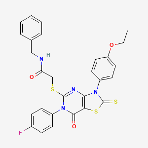 molecular formula C28H23FN4O3S3 B2785626 N-benzyl-2-{[3-(4-ethoxyphenyl)-6-(4-fluorophenyl)-7-oxo-2-sulfanylidene-2H,3H,6H,7H-[1,3]thiazolo[4,5-d]pyrimidin-5-yl]sulfanyl}acetamide CAS No. 422299-88-5