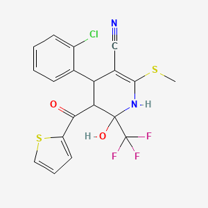 molecular formula C19H14ClF3N2O2S2 B2785945 4-(2-Chlorophenyl)-6-hydroxy-2-(methylsulfanyl)-5-(thiophene-2-carbonyl)-6-(trifluoromethyl)-1,4,5,6-tetrahydropyridine-3-carbonitrile CAS No. 318466-11-4