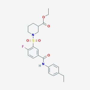 molecular formula C23H27FN2O5S B2785994 Ethyl 1-((5-((4-ethylphenyl)carbamoyl)-2-fluorophenyl)sulfonyl)piperidine-3-carboxylate CAS No. 451476-71-4