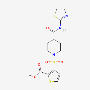 molecular formula C15H17N3O5S3 B2786015 Methyl 3-((4-(thiazol-2-ylcarbamoyl)piperidin-1-yl)sulfonyl)thiophene-2-carboxylate CAS No. 1207003-17-5