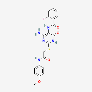 molecular formula C20H18FN5O4S B2786025 N-(4-amino-2-((2-((4-methoxyphenyl)amino)-2-oxoethyl)thio)-6-oxo-1,6-dihydropyrimidin-5-yl)-2-fluorobenzamide CAS No. 888423-34-5