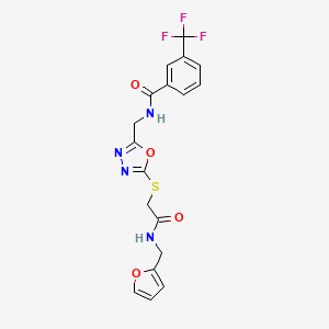 molecular formula C18H15F3N4O4S B2786166 N-((5-((2-((furan-2-ylmethyl)amino)-2-oxoethyl)thio)-1,3,4-oxadiazol-2-yl)methyl)-3-(trifluoromethyl)benzamide CAS No. 872620-83-2