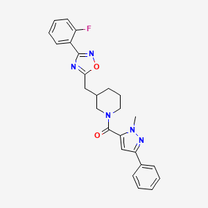 B2786246 (3-((3-(2-fluorophenyl)-1,2,4-oxadiazol-5-yl)methyl)piperidin-1-yl)(1-methyl-3-phenyl-1H-pyrazol-5-yl)methanone CAS No. 1705771-30-7