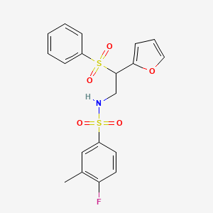 molecular formula C19H18FNO5S2 B2786255 N-[2-(benzenesulfonyl)-2-(furan-2-yl)ethyl]-4-fluoro-3-methylbenzene-1-sulfonamide CAS No. 896323-24-3