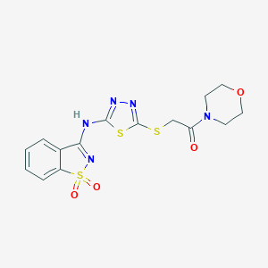molecular formula C15H15N5O4S3 B278655 N-(1,1-dioxido-1,2-benzisothiazol-3-yl)-N-(5-{[2-(4-morpholinyl)-2-oxoethyl]sulfanyl}-1,3,4-thiadiazol-2-yl)amine 