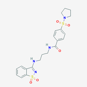molecular formula C21H24N4O5S2 B278665 N-[3-[(1,1-dioxo-1,2-benzothiazol-3-yl)amino]propyl]-4-pyrrolidin-1-ylsulfonylbenzamide 