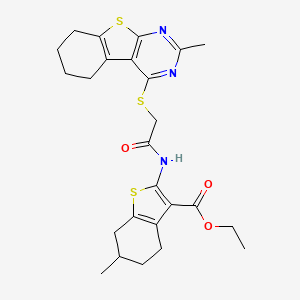 molecular formula C25H29N3O3S3 B2786716 ethyl 6-methyl-2-[2-({5-methyl-8-thia-4,6-diazatricyclo[7.4.0.0^{2,7}]trideca-1(9),2(7),3,5-tetraen-3-yl}sulfanyl)acetamido]-4,5,6,7-tetrahydro-1-benzothiophene-3-carboxylate CAS No. 670270-25-4