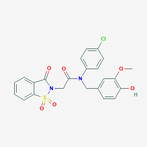molecular formula C23H19ClN2O6S B278672 N-(4-CHLOROPHENYL)-N-[(4-HYDROXY-3-METHOXYPHENYL)METHYL]-2-(1,1,3-TRIOXO-1??,2-BENZOTHIAZOL-2-YL)ACETAMIDE 