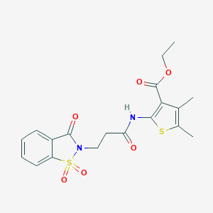 molecular formula C19H20N2O6S2 B278674 ETHYL 4,5-DIMETHYL-2-{[3-(1,1,3-TRIOXO-1,3-DIHYDRO-2H-1,2-BENZISOTHIAZOL-2-YL)PROPANOYL]AMINO}-3-THIOPHENECARBOXYLATE 
