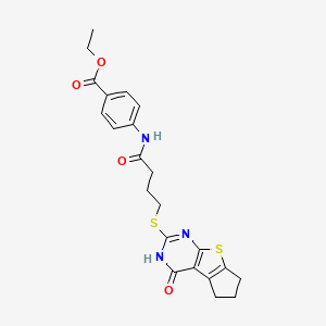 molecular formula C22H23N3O4S2 B2786789 Ethyl 4-[[1-Oxo-4-[(1,5,6,7-tetrahydro-4-oxo-4H-cyclopenta[4,5]thieno[2,3-d]pyrimidin-2-yl)thio]butyl]amino]benzoate CAS No. 496028-91-2