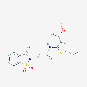 molecular formula C19H20N2O6S2 B278684 ETHYL 5-ETHYL-2-{[3-(1,1,3-TRIOXO-1,3-DIHYDRO-2H-1,2-BENZISOTHIAZOL-2-YL)PROPANOYL]AMINO}-3-THIOPHENECARBOXYLATE 