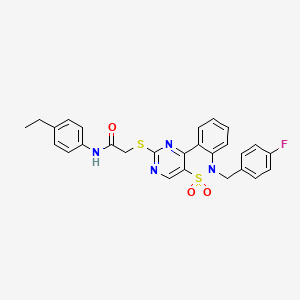 molecular formula C27H23FN4O3S2 B2786878 N-(4-ethylphenyl)-2-({9-[(4-fluorophenyl)methyl]-8,8-dioxo-8lambda6-thia-3,5,9-triazatricyclo[8.4.0.0^{2,7}]tetradeca-1(14),2(7),3,5,10,12-hexaen-4-yl}sulfanyl)acetamide CAS No. 895098-42-7