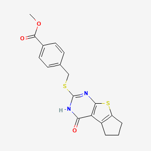 molecular formula C18H16N2O3S2 B2787133 methyl 4-{[(4-hydroxy-6,7-dihydro-5H-cyclopenta[4,5]thieno[2,3-d]pyrimidin-2-yl)sulfanyl]methyl}benzoate CAS No. 433702-10-4