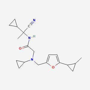 molecular formula C20H27N3O2 B2787188 N-(1-Cyano-1-cyclopropylethyl)-2-[cyclopropyl-[[5-(2-methylcyclopropyl)furan-2-yl]methyl]amino]acetamide CAS No. 1436178-93-6