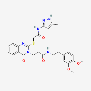 molecular formula C27H30N6O5S B2788116 N-(3,4-dimethoxyphenethyl)-3-(2-((2-((3-methyl-1H-pyrazol-5-yl)amino)-2-oxoethyl)thio)-4-oxoquinazolin-3(4H)-yl)propanamide CAS No. 896701-38-5