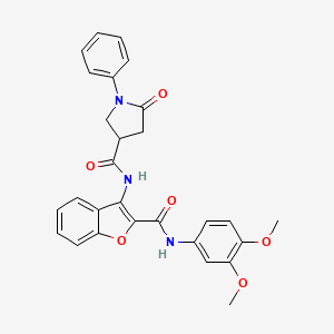 molecular formula C28H25N3O6 B2788624 N-(2-((3,4-dimethoxyphenyl)carbamoyl)benzofuran-3-yl)-5-oxo-1-phenylpyrrolidine-3-carboxamide CAS No. 872612-77-6