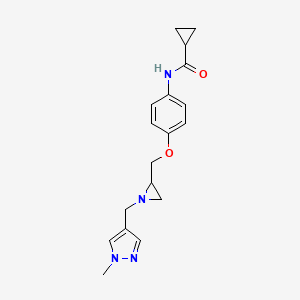 molecular formula C18H22N4O2 B2788771 N-[4-[[1-[(1-Methylpyrazol-4-yl)methyl]aziridin-2-yl]methoxy]phenyl]cyclopropanecarboxamide CAS No. 2418718-19-9