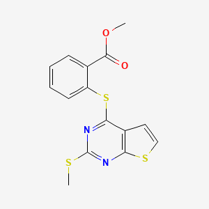 molecular formula C15H12N2O2S3 B2788830 Methyl 2-{[2-(methylsulfanyl)thieno[2,3-d]pyrimidin-4-yl]sulfanyl}benzenecarboxylate CAS No. 383146-97-2