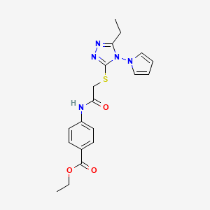 molecular formula C19H21N5O3S B2788846 ethyl 4-(2-{[5-ethyl-4-(1H-pyrrol-1-yl)-4H-1,2,4-triazol-3-yl]sulfanyl}acetamido)benzoate CAS No. 896292-84-5